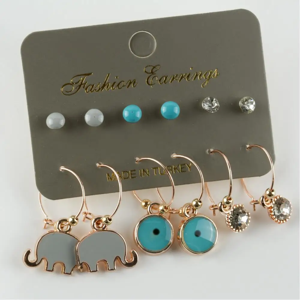 12'li Elephant Figured Cabochons Ring Earrings