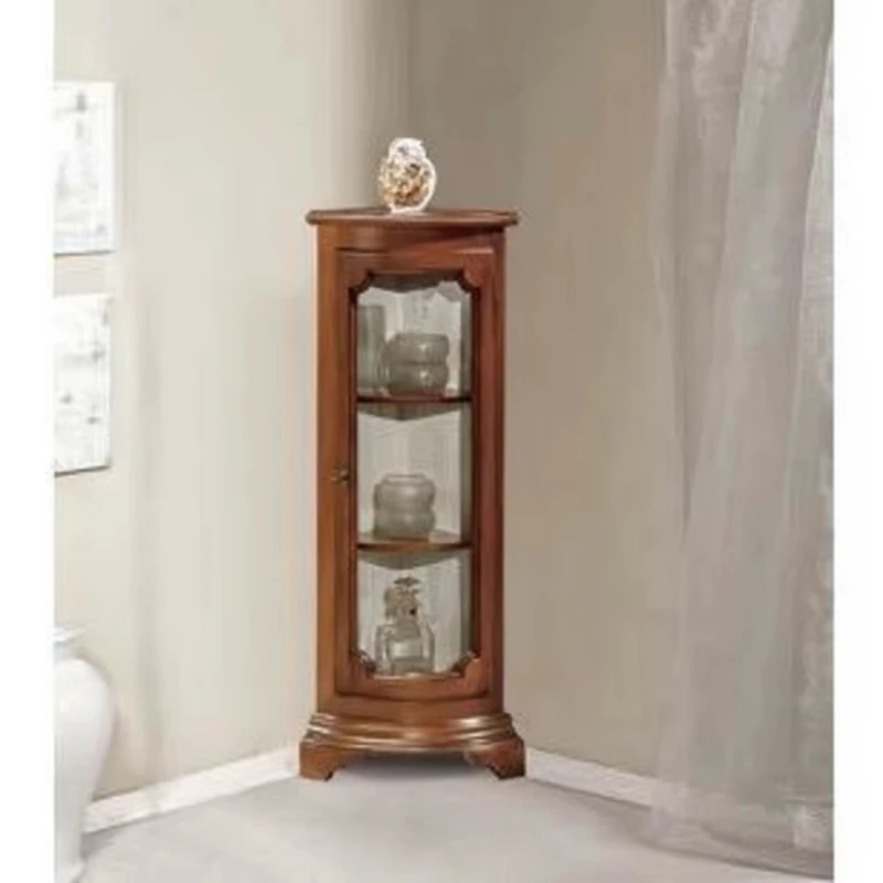 Antique corner display cabinets in the background and two wooden shelves for the living room cabinets