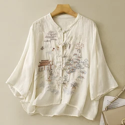 2024 New Arrivals Women Cotton Linen Blouse Loose Design Three Quaters Sleeves Chinese Fashion Embroidery