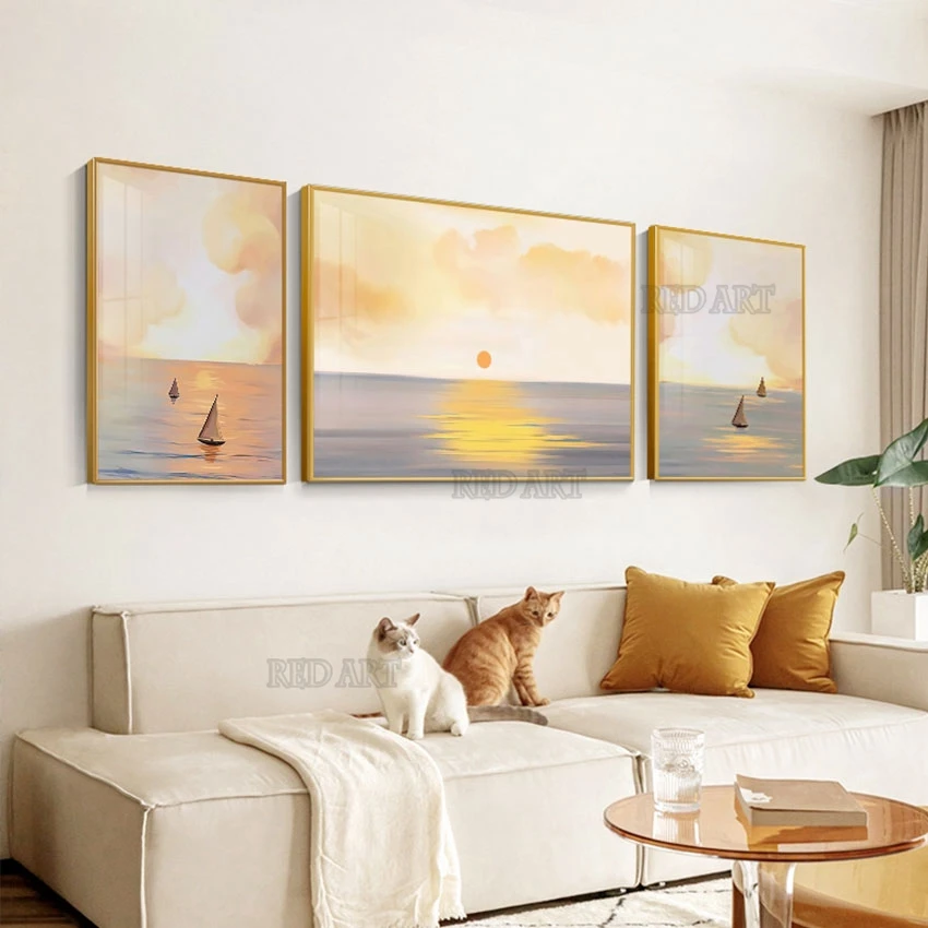 Sunset Scenery Abstract Oil Painting Art, Hand Painted Group, 3 Panels, Sailing Boat Picture, Artwork for Hotel, Wall Decoration