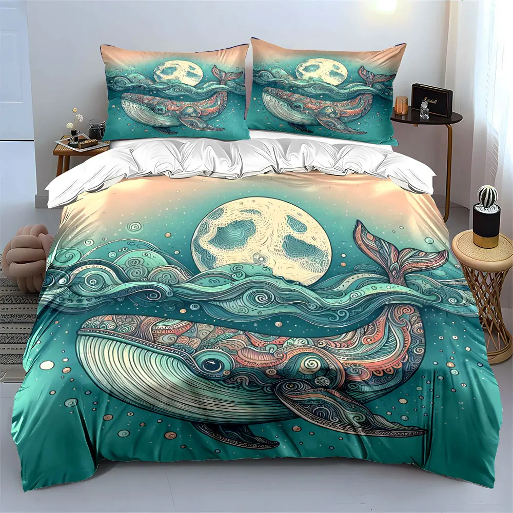 Whale, moon, ocean waves. Print Bedding Set 1 Duvet Cover 2 Pillowcases for Adult and Children Luxury Gift Full Size