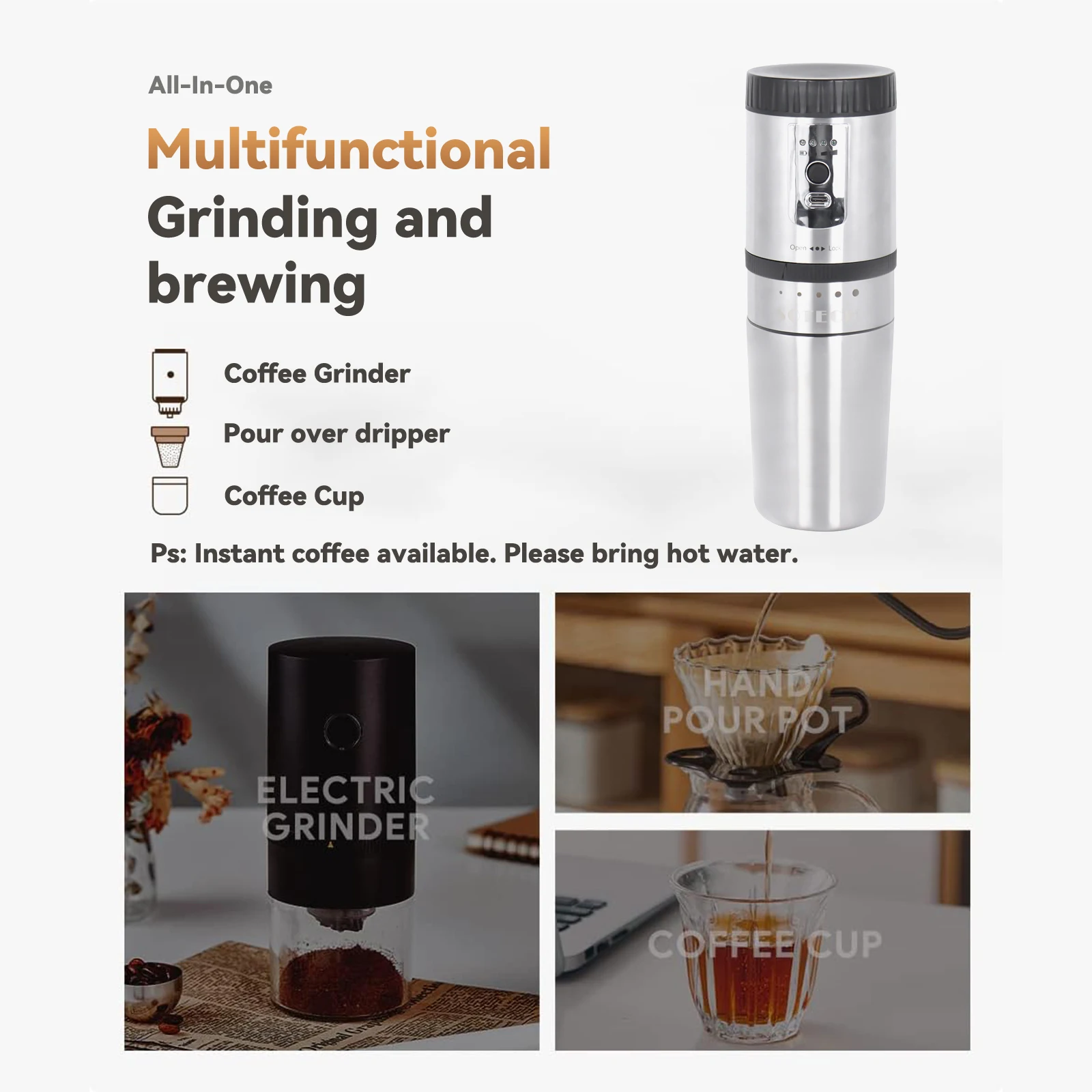 Portable Coffee Maker with Grinder USB Cordless Electric Stainless Steel Dripper for Camping Travel Outdoor Coffee Machine