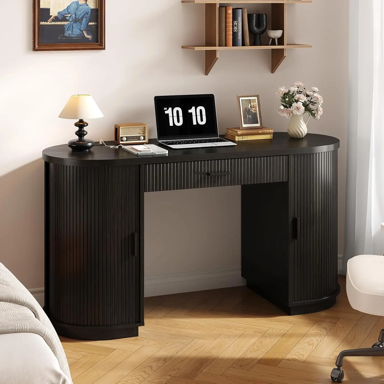 58 Inch Fluted Executive Computer Desk with Drawers & Charging Station - Mid Century Modern Storage Desk for Home Office, Living Room, Bedroom - Free Shipping - Black