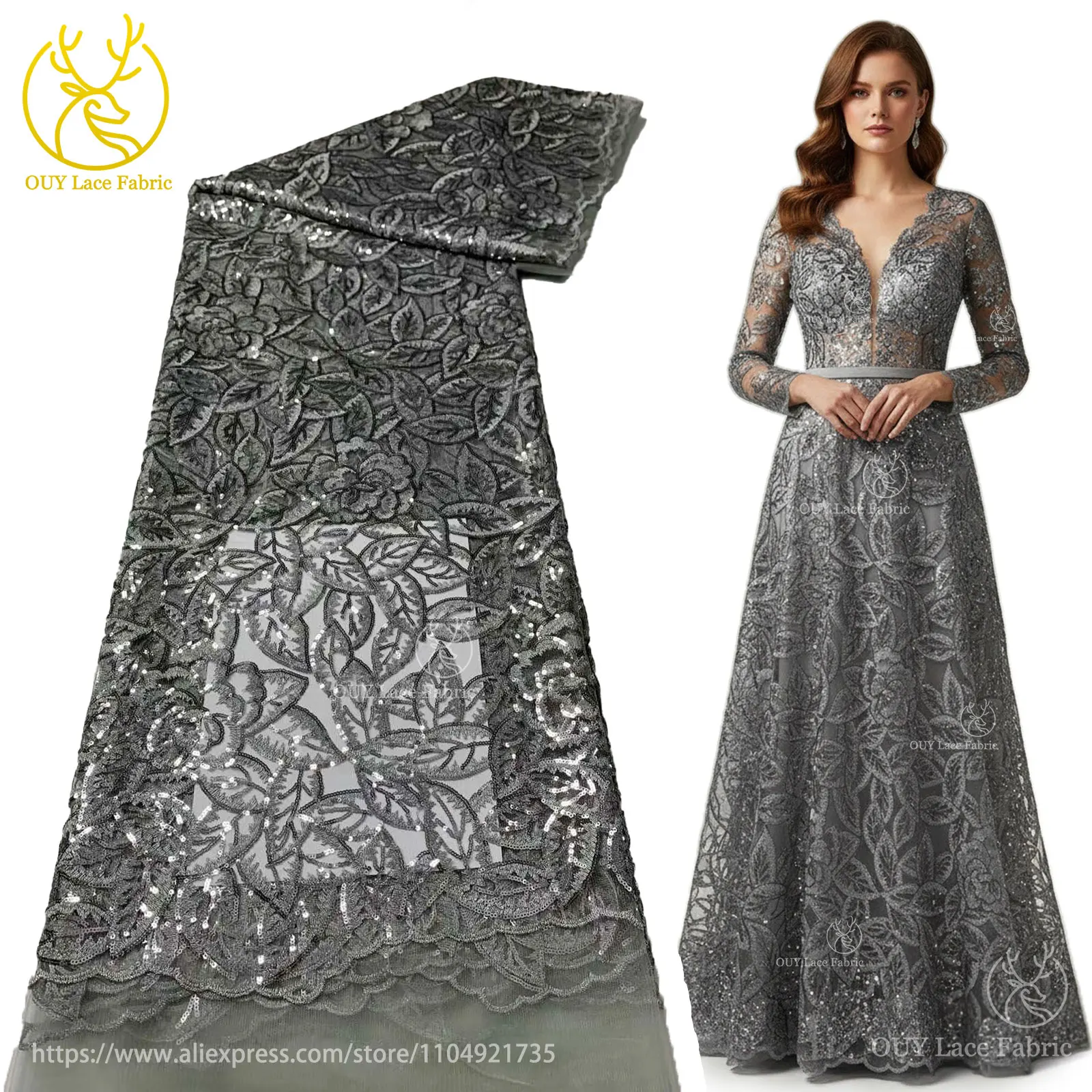 

Silver African Sequins Embroidered Lace Lace Fabric 2025 Luxury Nigerian French Tulle Lace Fabric for Party Wedding Dresses