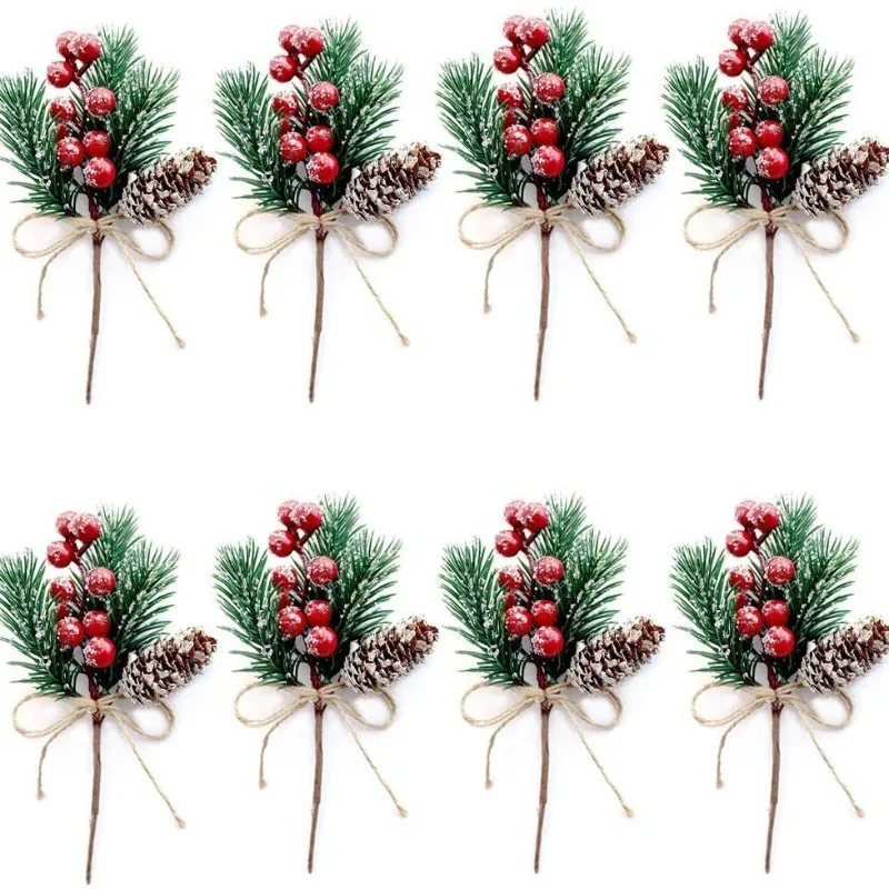 Christmas Mini Pinecones Pine Needles Branches with Artificial Red Berry Stems for Xmas Tree Garland DIY Craft Gifts Decor