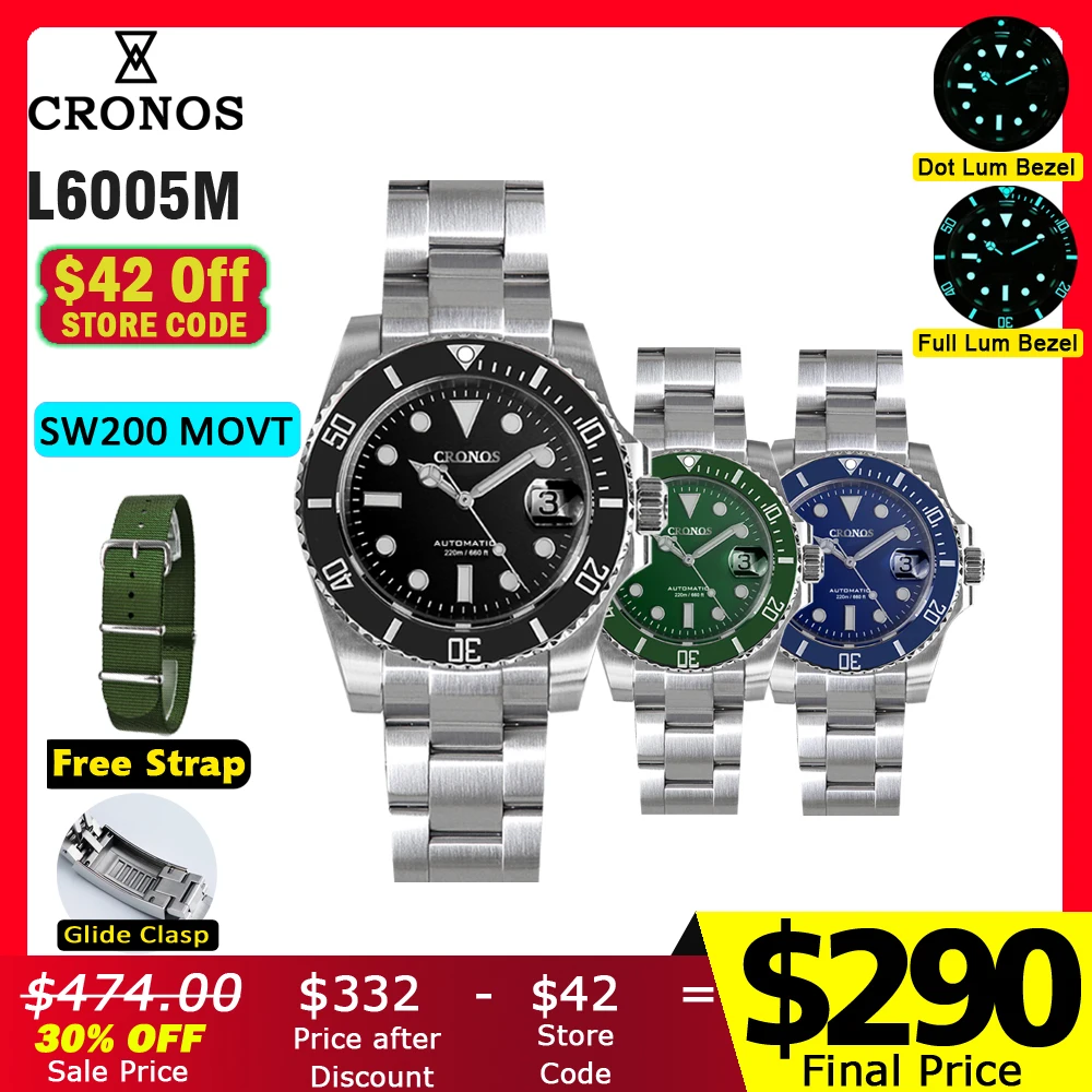 Cronos Sub Diver Luxury Men Watch Stainless Steel SW200 Bracelet Ceramic Rotating Bezel 200 meters Water Resistant Glideclasp