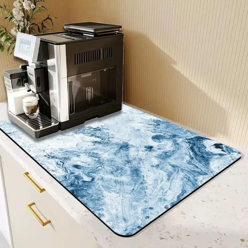 VIKAMA Blue Fluid Marble Coffee Bar Mat Waterproof Absorbent Non Slip Kitchen Counter Protector Mat Absorbent Coffee Bar Mat