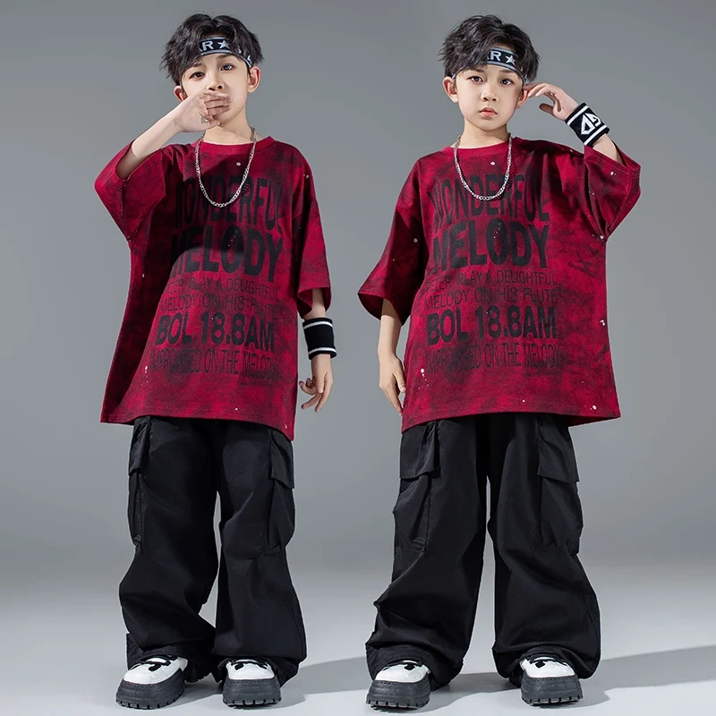 

Boys Street Dance Costume Teen Jazz Dance Performance Wear Letter T-Shirt Oversize Tops Hip Hop Dancing Trousers Black VDL3385