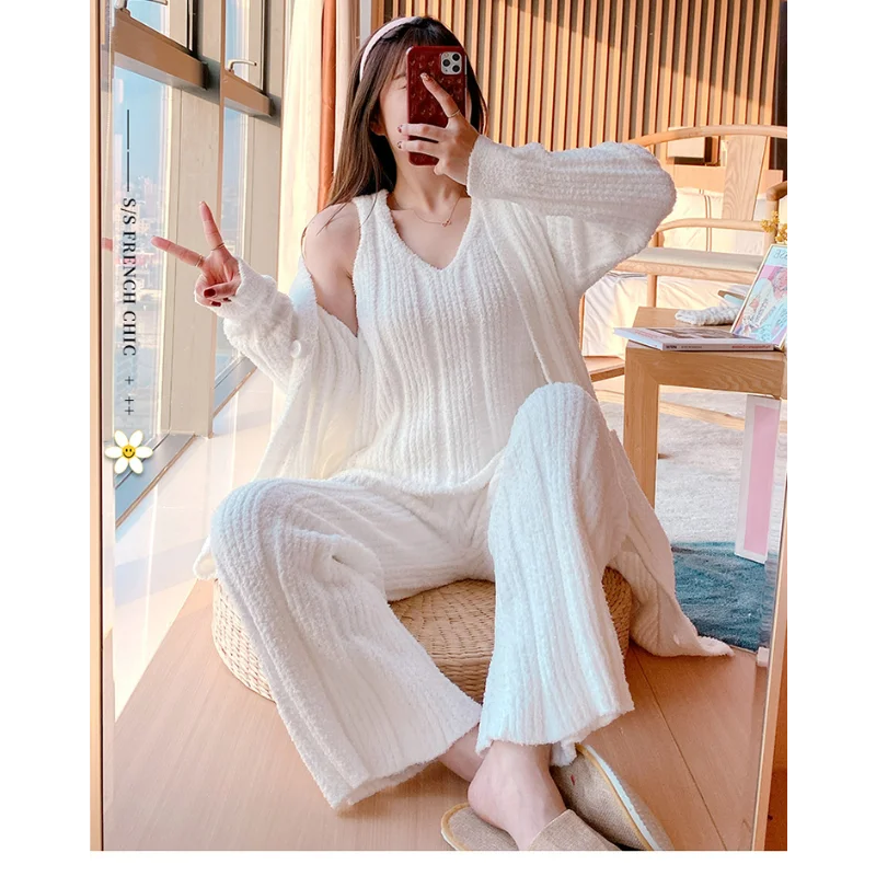 

Women Pajamas Sets Three-piece Coat Winter Vest Trousers Long Sleeves Warm Thick Cardigan Woolen Knitting Home Clothes Pjs