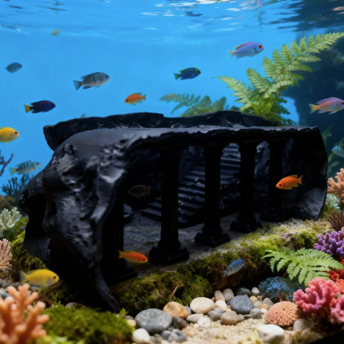 3D Castle Aquarium Decoration, Hidden Cave Shelter for Fish/Reptiles, Ideal Habitat for Amphibians, Desktop/Office Terrace Decor
