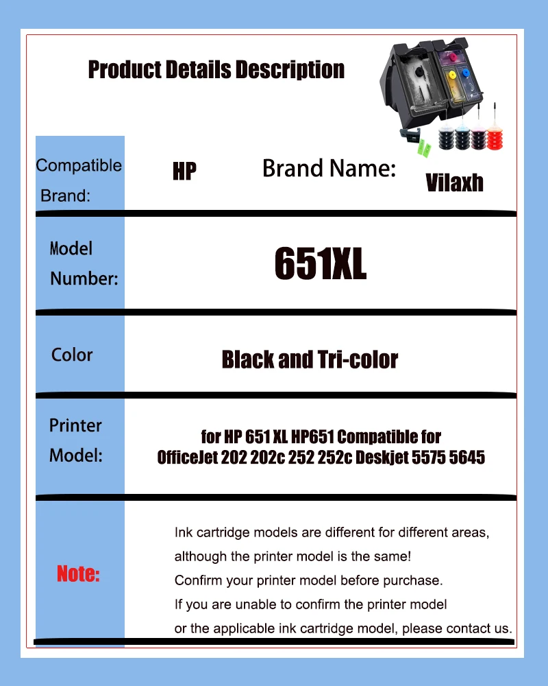 651XL Replacement for Hp 651 Xl Hp651 Ink Cartridge for HP Deskjet Ink Advantage 5575 5645 OfficeJet 202 202c 252 252c Printer