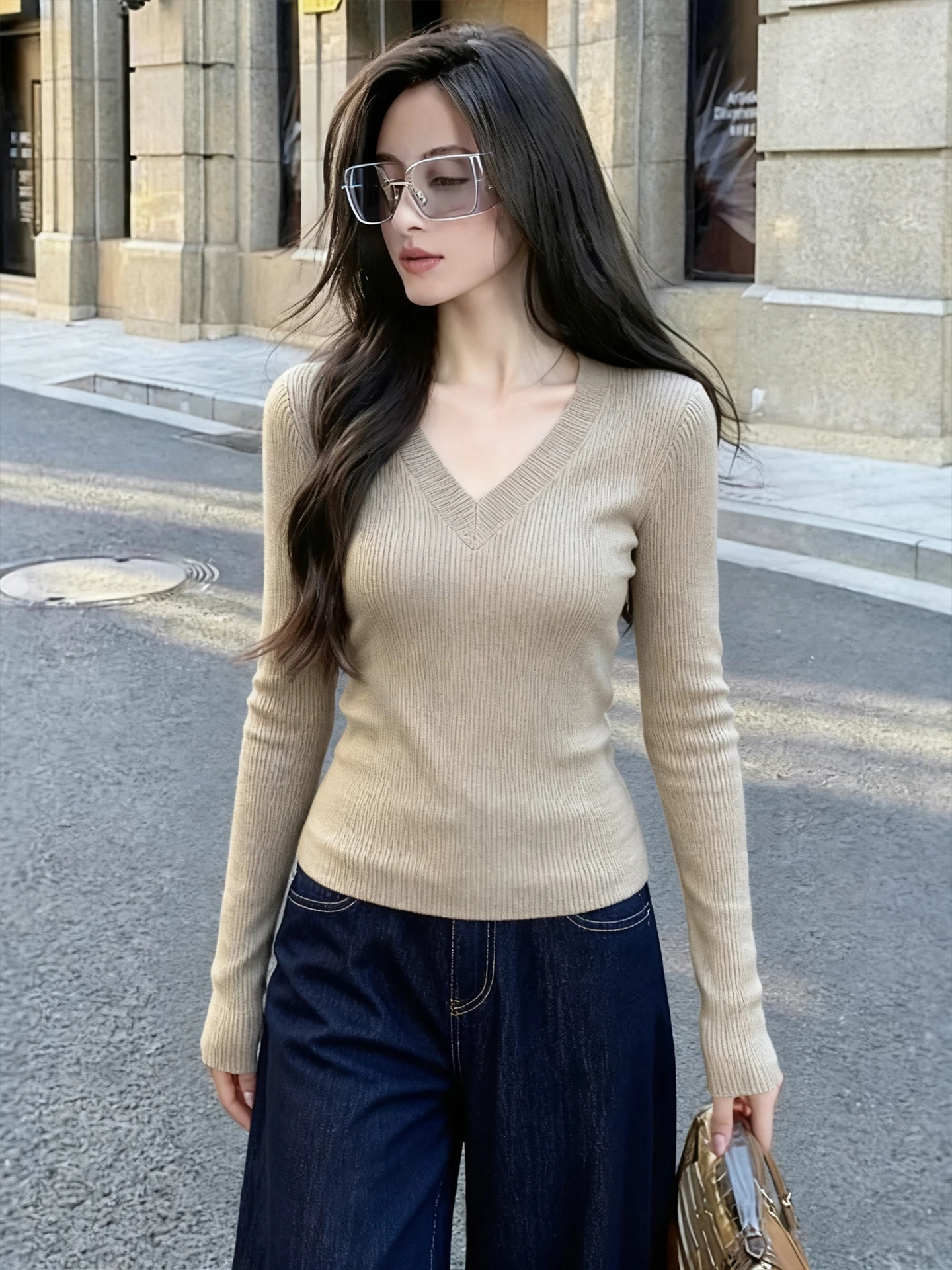 セーター黒長袖ニットセーター女性プルオーバー新しい V ネックスリムニットセータープルオーバー女性トップス女性服 Q2075