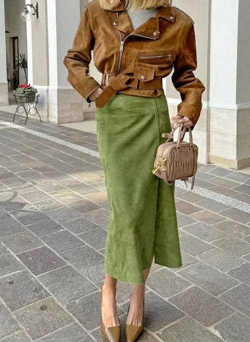 

Women's Autumn Retro Personalized Half Skirt Green Suede Split Straight Tube High Waist Half Skirt Shipped Within 48 Hours