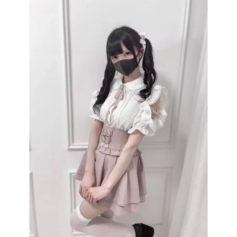 Lolita Off-the-shoulder Lace Bow-embellished Short-sleeved Top Blouse Mass-produced Mine Series Single-breasted Shirt For Women