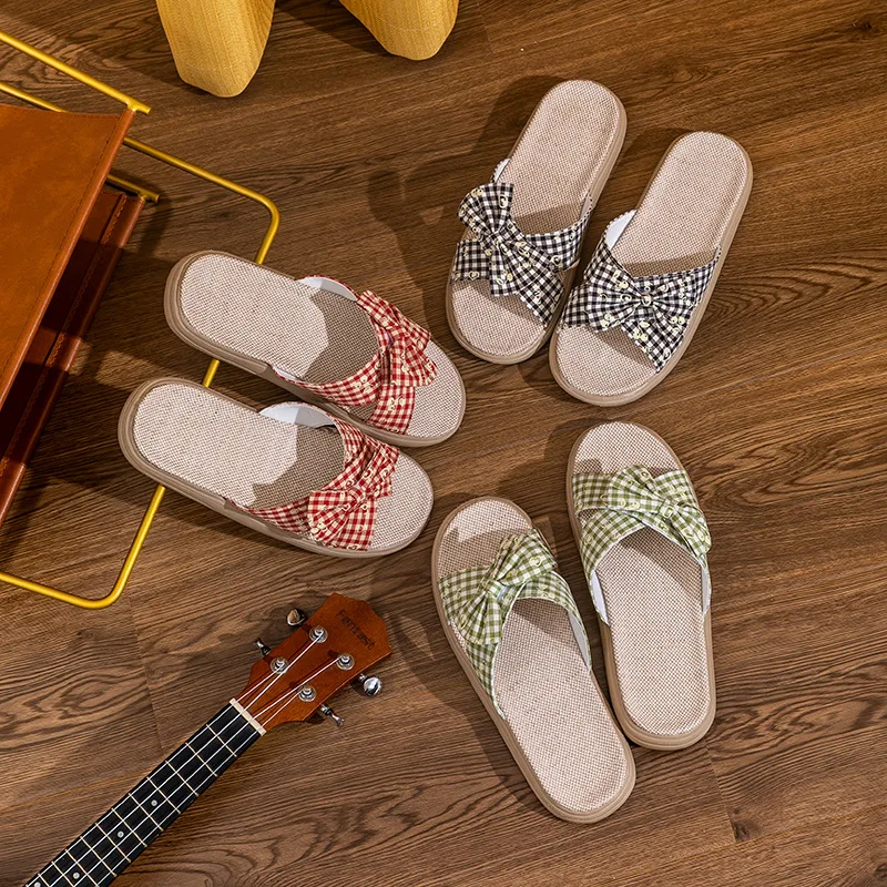 Spring And Summer Linen Home Interior Ladies Leisure Non-Slip Mute Thick Soft Bottom Plaid Fabric Fashion Slippers