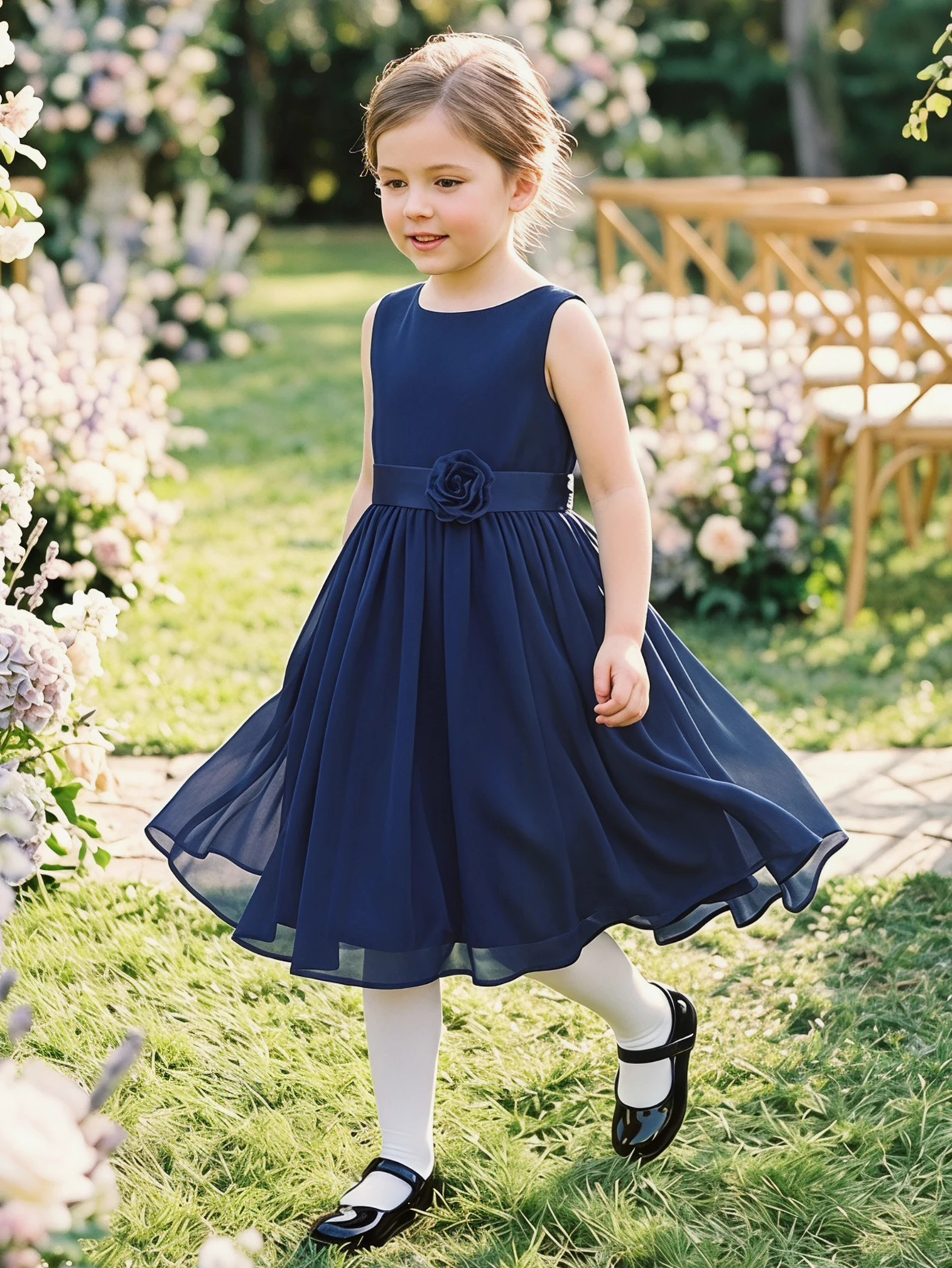 vestido-infantil-sem-mangas-com-decote-redondo-em-chiffon-azul-marinho-com-rosa-3d-na-cintura-fluido-comprimento-ate-o-joelho-para-dama-de-honra-e-festa-formal