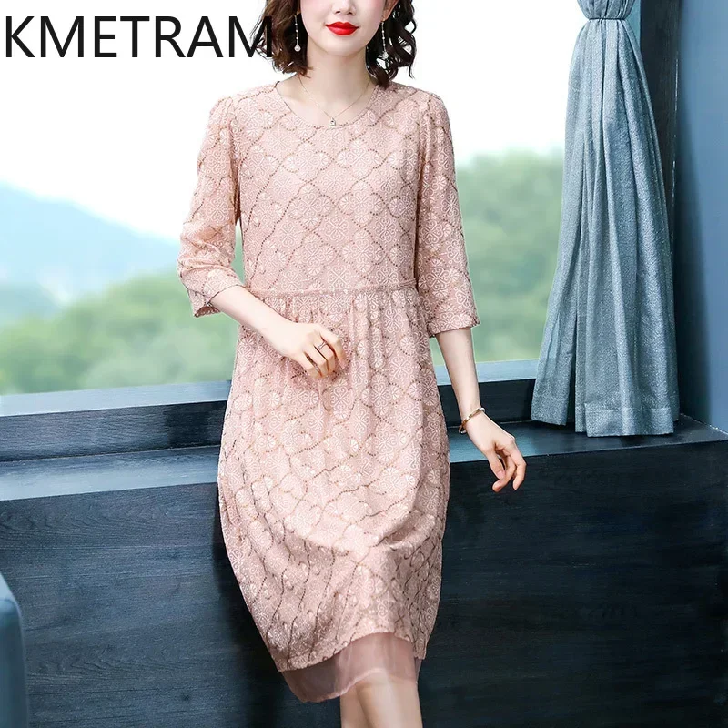 KMETRAM 100% Mulberry Silk Dress Women Summer 2024 Luxury Party Long Dresses Loose Womans Clothing Pink Dress Vestidos Largos