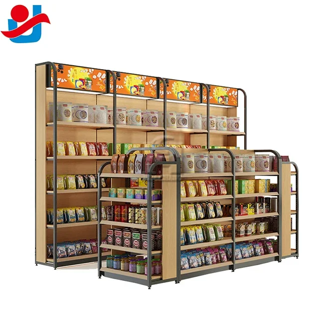 Economic Supermarket Wood Flooring Display Racks / Mini Market Shelf Snack Store Display Rack