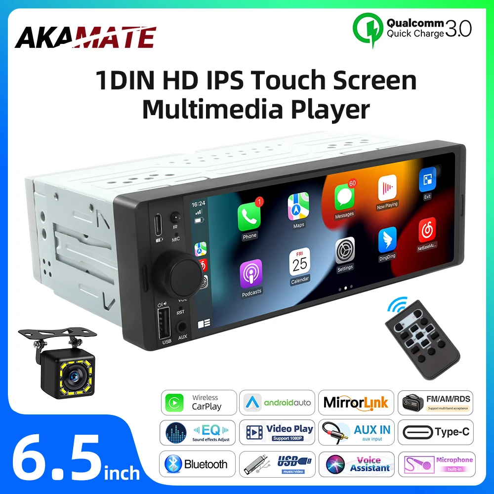 6.5 بوصة راديو السيارة السلكية Carplay أندرويد السيارات ميرورلينك AUX EQ بلوتوث IPS HD USB نوع-C شحن مشغل وسائط متعددة 1Din #1