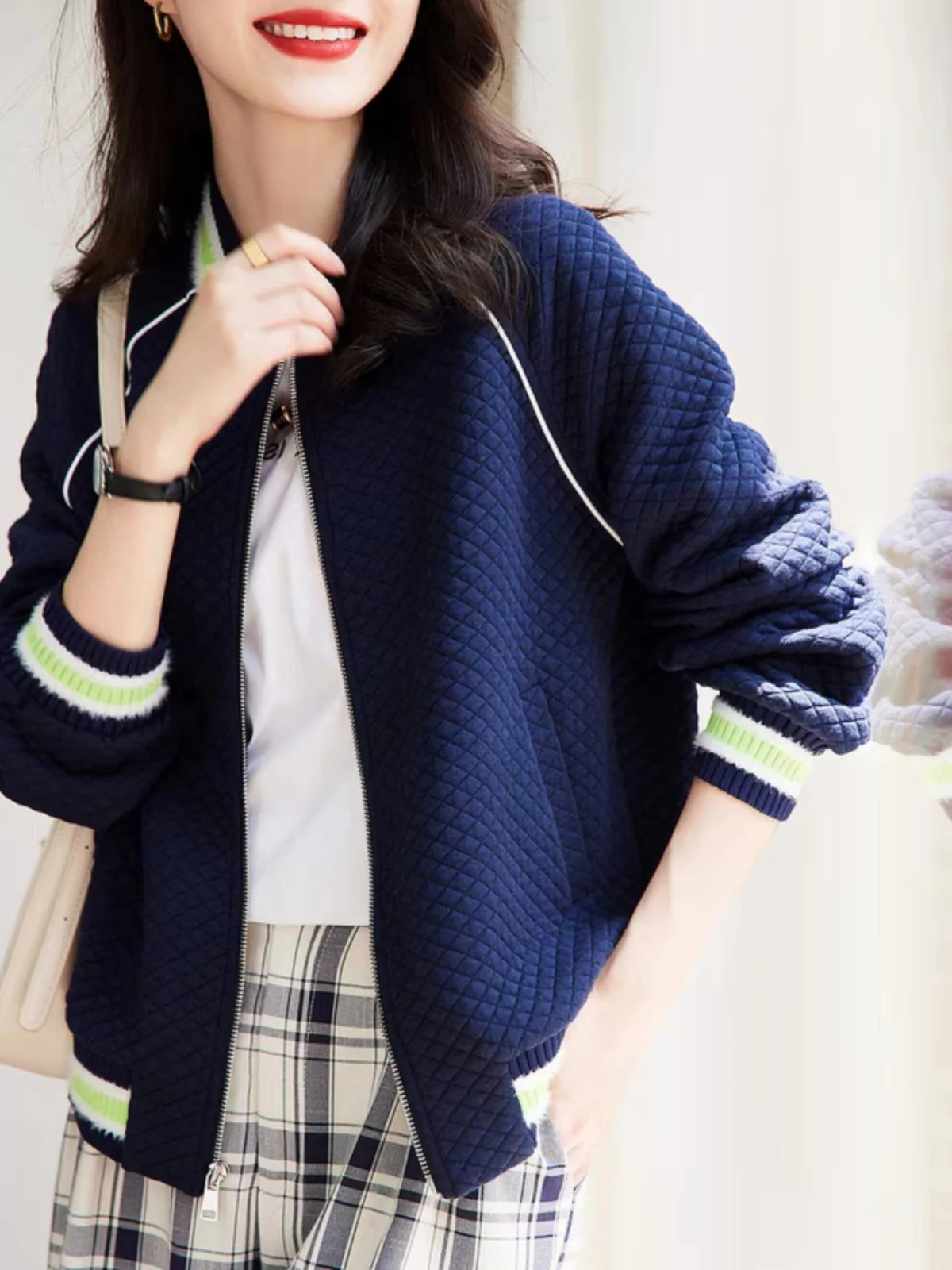 Fashionable Women's Baseball Jacket Short Casual Top with Label Trim Autumn Houndstooth Sporty Style Straight Cut Regular Length