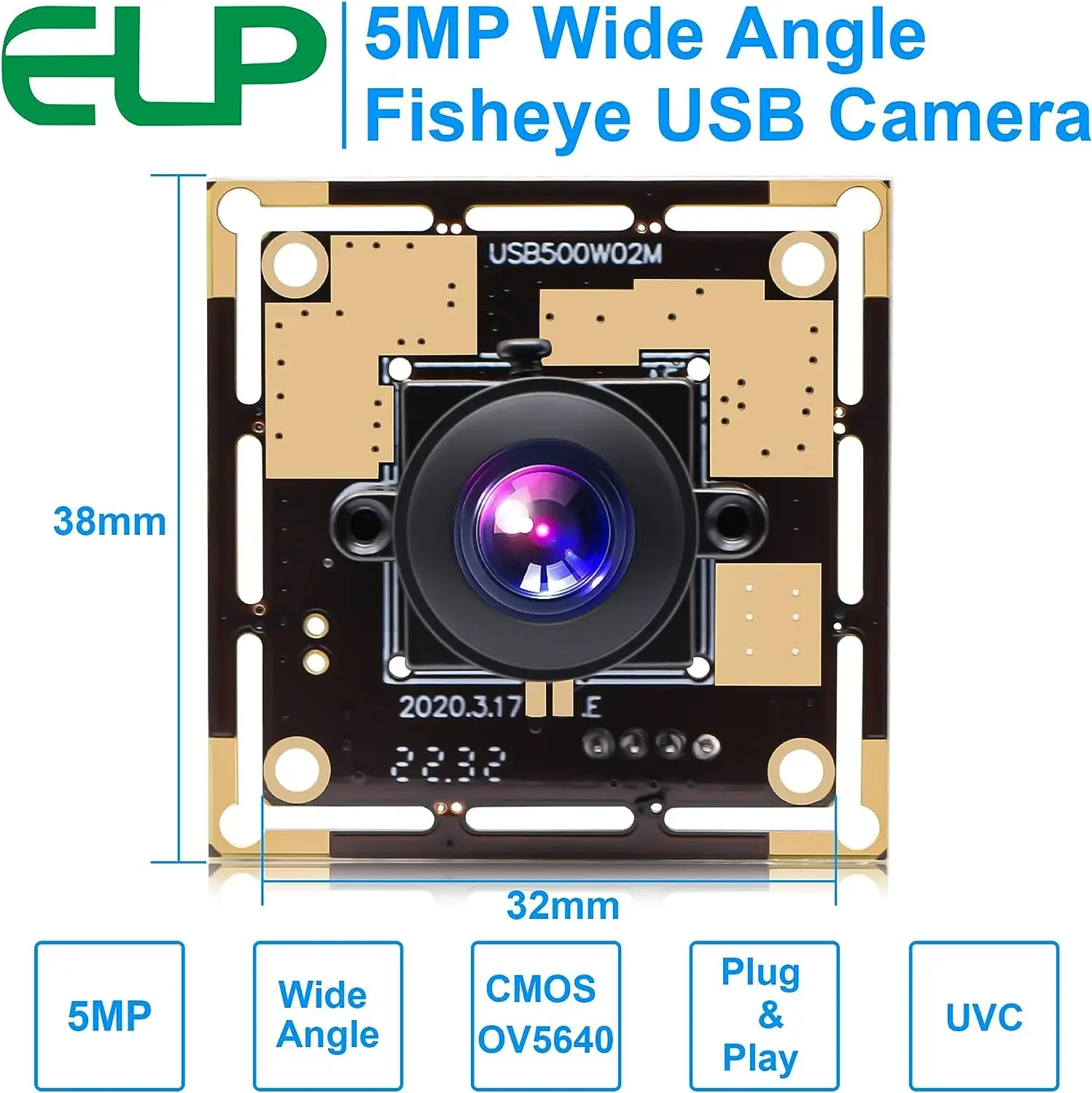 Caméra de surveillance grand angle ELP, prise en charge industrielle, protection de sécurité pour Mac, Linux, technologie USB, 5MP, 1080P, 30FPS