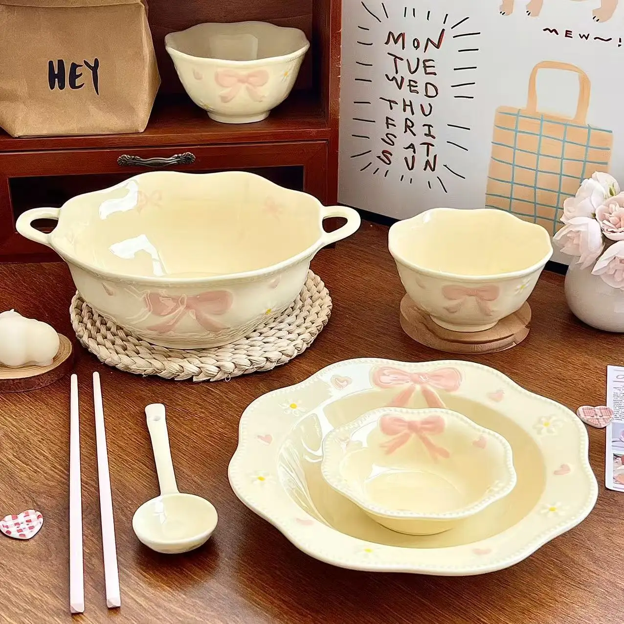 Retro French High-value Relief Bow Household One Person Food Underglaze Color Plate Soup Bowl Rice Bowl Tableware Set