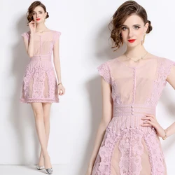 2024 Summer New Palace Style Embroidered Flower Dresses Women's O-Neck Sleeveless Sweet Waist Small Dress Short Skirt