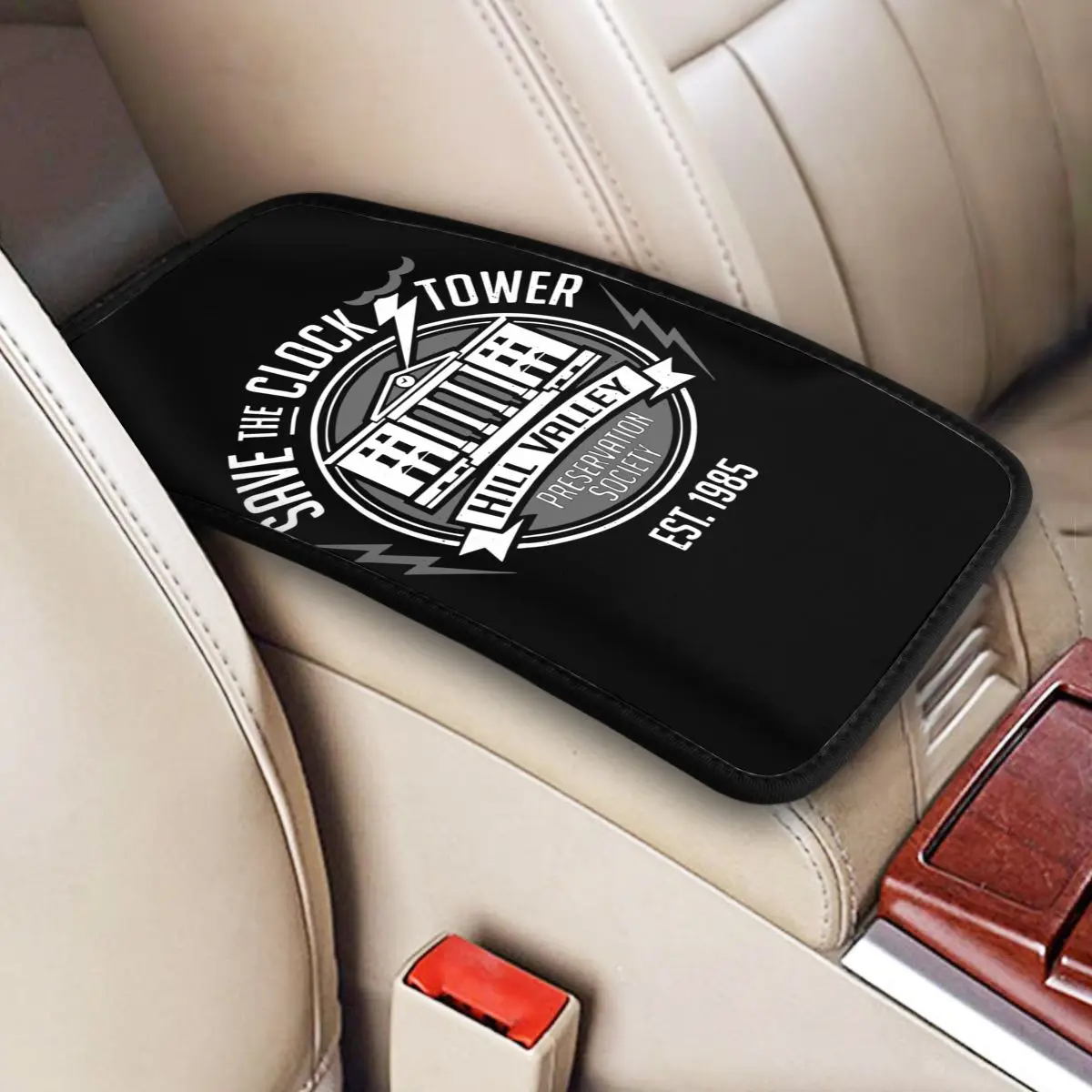 Car Armrest Cover Mat Leather Back To The Future Save The Clock Tower Center Handle Box Pad Cushion Auto Interior Accessories