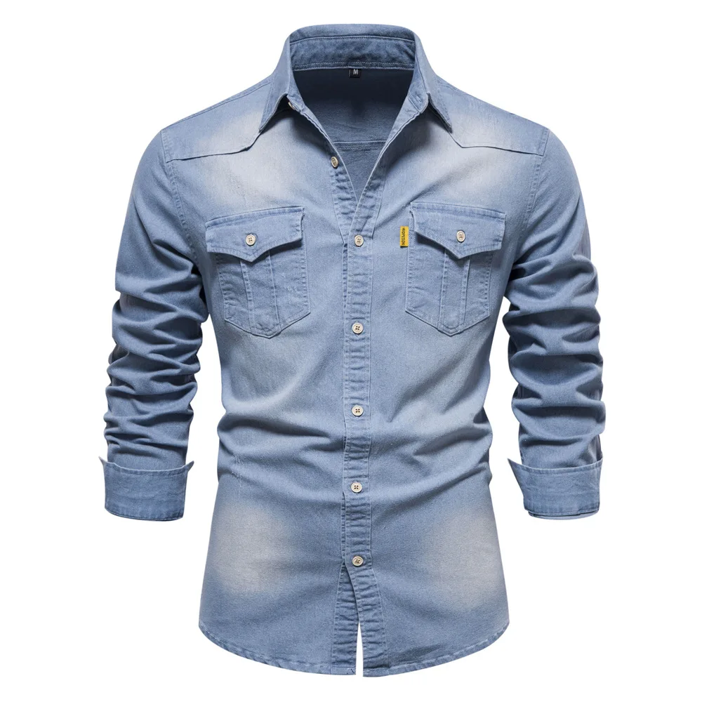 Wooden Button 5XL Big Size Slim Fit Light Blue Male Denim Shirt Men Black Jeans Cowboy Shirts Men Plus Size 5XL