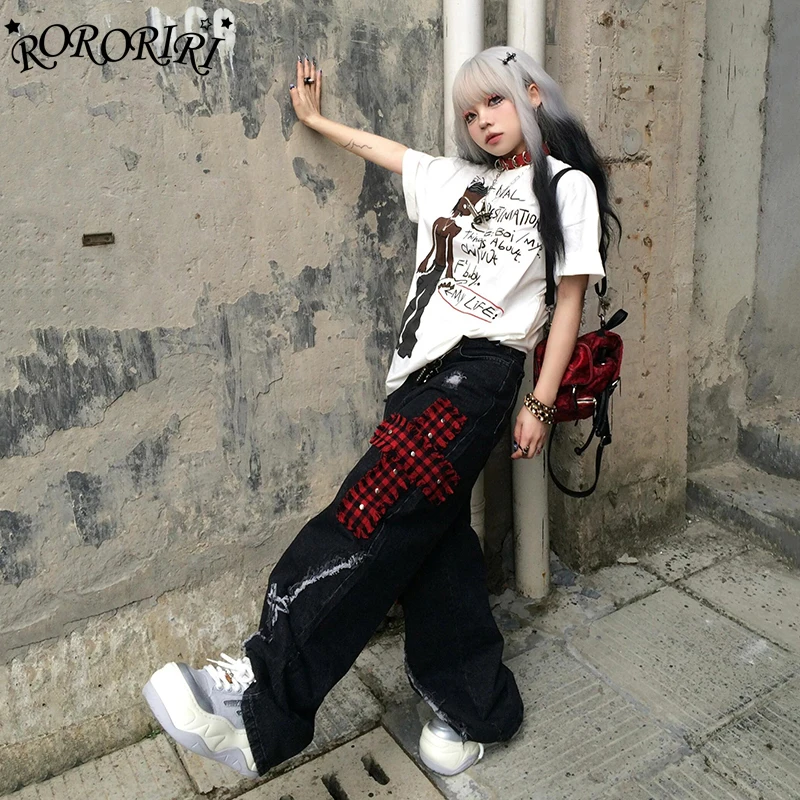 

RORORIRI Gothic Cross Studded Black Baggy Jeans Women Raw Edge Stitch Red Plaid Loose Casual Wide Leg Pants Punk Vintage Clothes