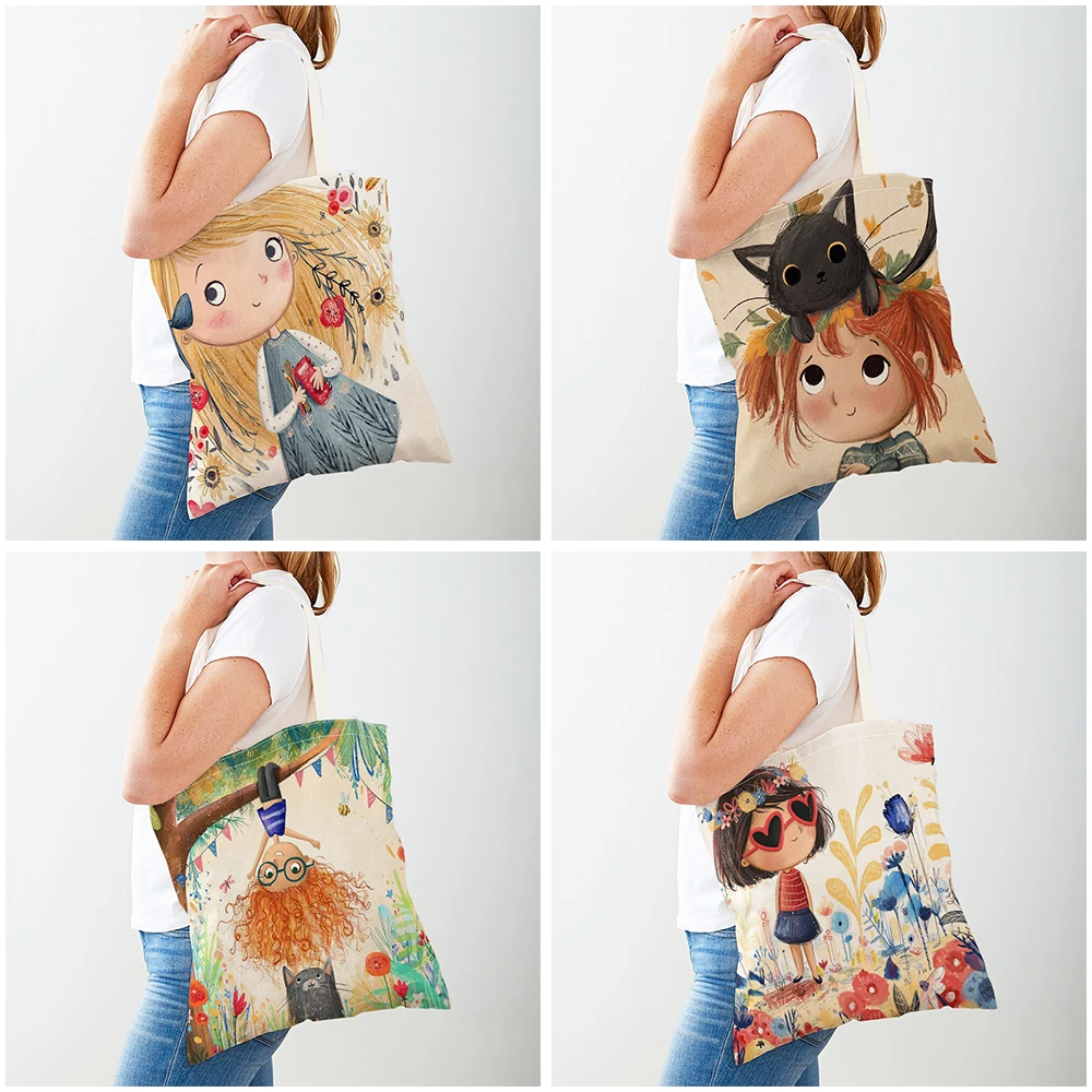 Double Print Fairy Tale World Lovely Casual Women Shopping Bags Cute Cartoon Girl Tote Child Gift Canvas Lady Handbag Shopper Ba