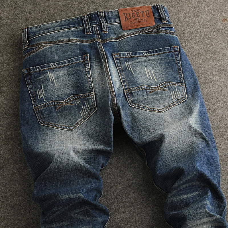 Fashion Designer Men Jeans Italian Style Retro Washed Blue Stretch Slim Fit Ripped Jeans Men Vintage Y2K Denim Pants Hombre