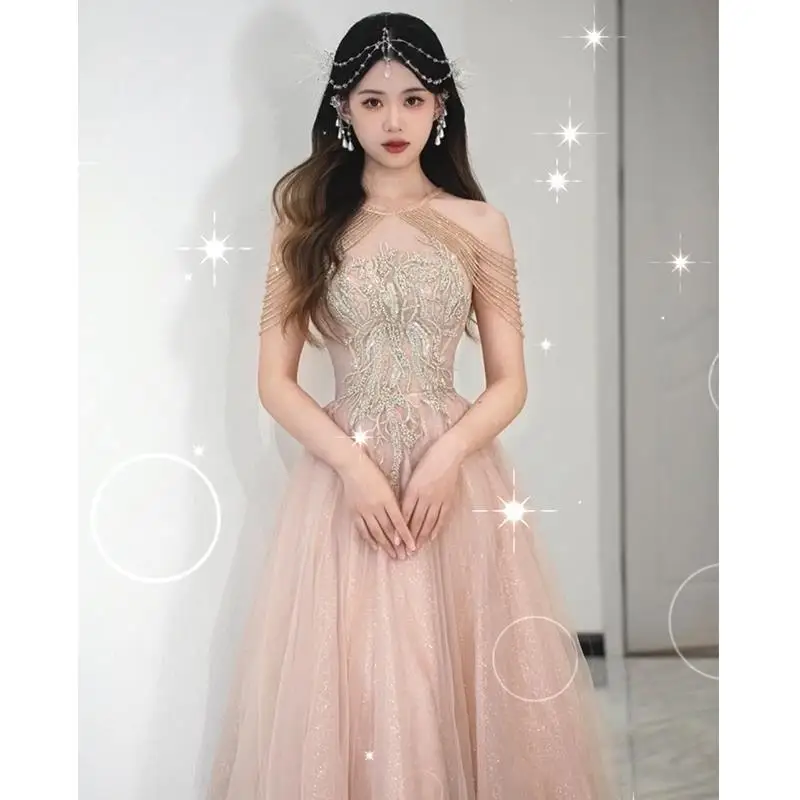 Elegant Halter Sequins Beading Tassels Prom Dresses Women Formal A Line Evening Party Gowns Robe De Soiree