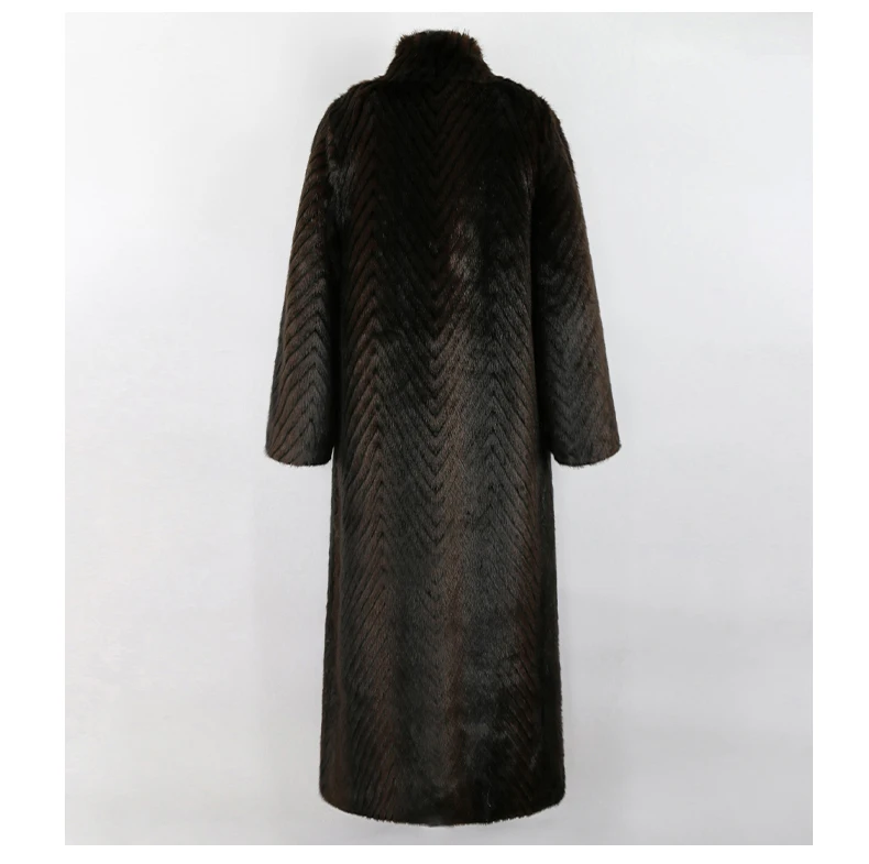 Nerazzurri Winter Extra Long Thick Warm Luxury Elegant Striped Fluffy Faux Mink Fur Coat Women Stand Collar Maxi Overcoat 2022