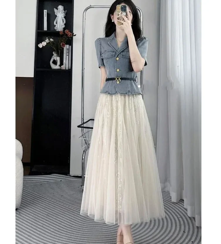 

Tea break French denim shirt top and mesh high waisted slim fit A-line skirt set for summer women's elegant and casual 2-piece s