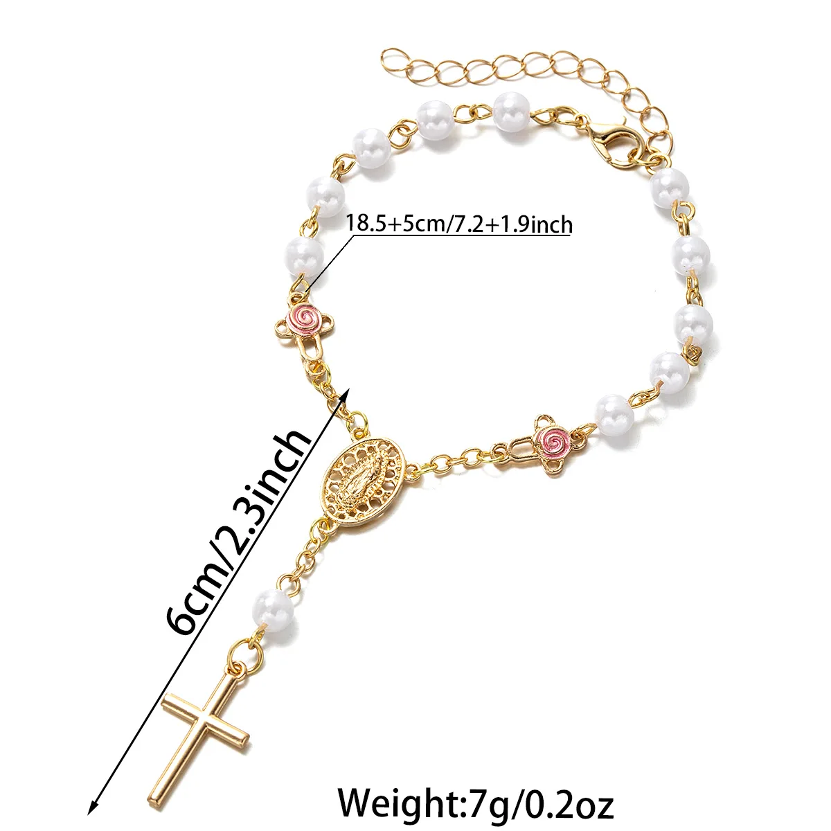 Imitation Pearl Rose Rosary Car Ornament, Our Lady Medal Simple Cross Rearview Mirror Pendant for Vehicle Interior