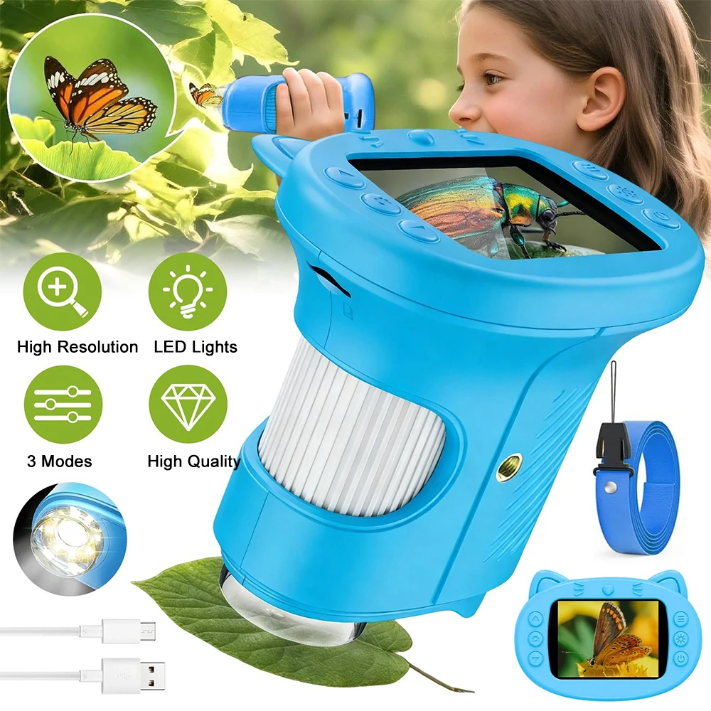 Microscope numérique portable avec écran IPS de 2,4 pouces, caméra grossissante de poche avec adaptateur de connexion téléphonique, jouet éducatif STEM pour l'exploration de la nature pour enfants, cadeau idéal pour un anniversaire ou Noël
