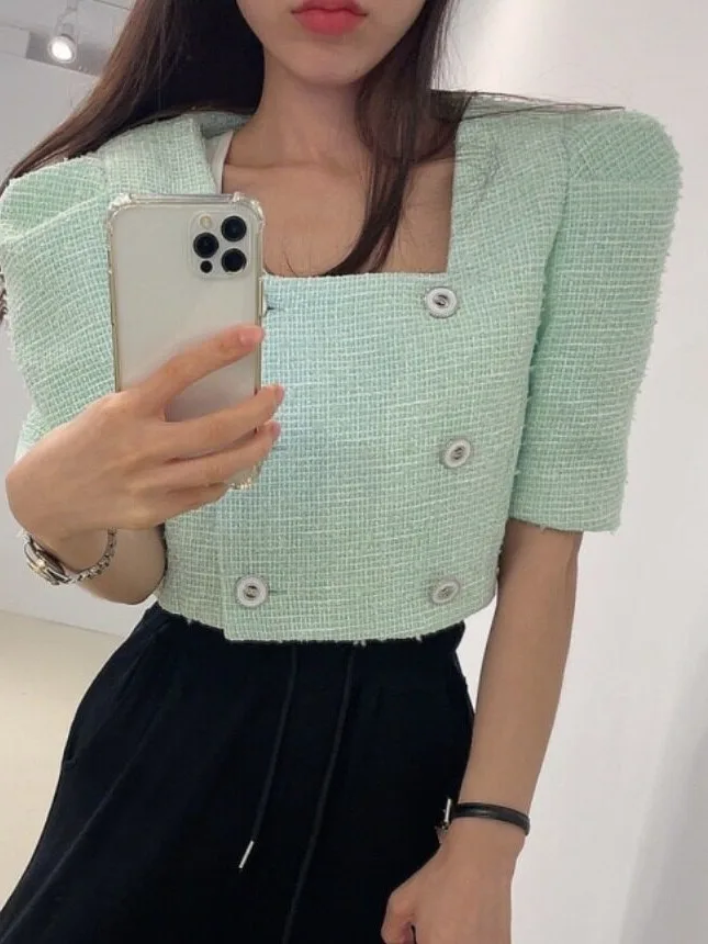Short Padded Jacket with Bubble Sleeves And Square Collar Double Buttoned Korean Style Women's Spring Autumn Winter Coat