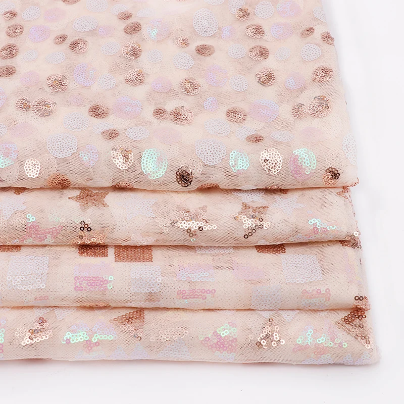 3mm Sequin Geometric Bead Embroidered Pink Mesh Fabric Fashion Diy Performance Dress Bag Curtain Decorative Cloth by the Meter