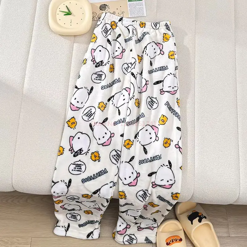 Sanrio Hello Kitty Y2k Kawaii Pyjama Flanel Vrouwen Warme Wollen Witte Cartoon Anime Casual Thuis Broek Herfst Broek