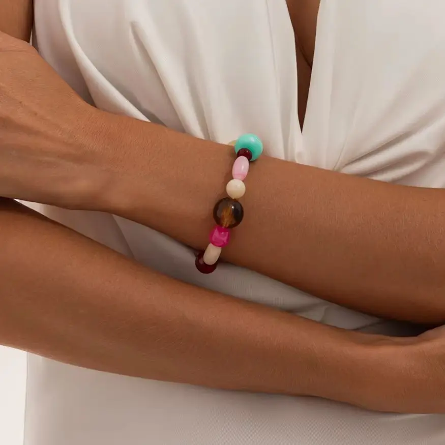 KunJoe Y2K Trendy Irregular Colorful CCB Acrylic Resin Beaded Bracelet Women Vintage Adjustable Charm Elasticity Bangles Jewelry