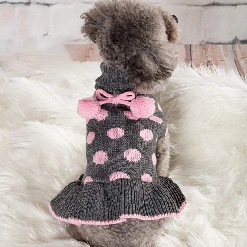 Benepaw Turtleneck Medium Small Dog Sweater Dress Autumn Winter Warm Polka Dot Puppy Sweaters Knitwear Pet Clothes Pom Pom Ball