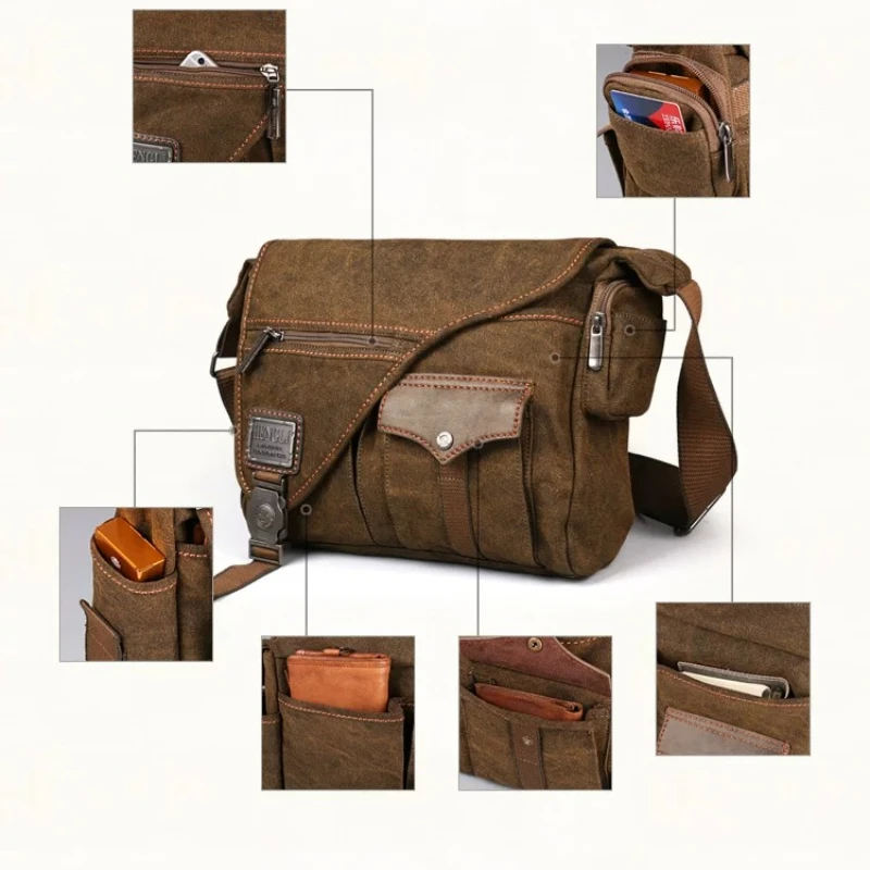Men's Vintage Messenger Bag for 11 inch iPad Durable Canvas Multi-Pocket Shoulder Bag Multifunctional Work Travel School Satchel