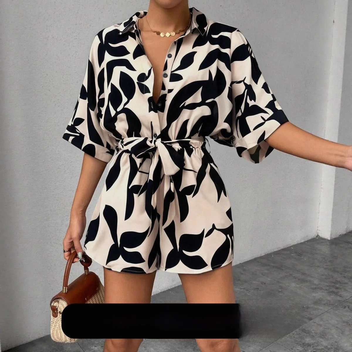 

Women's High-Waist Colored Thong Jumpsuit with Printed Wide Legs Thin Autumn Long Pants Thin High Waist Other Fabric