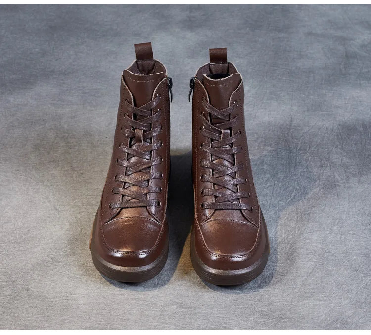 DRKANOL Frauen Echtes Leder Kurze Stiefel Runde Kappe Aus Echtem Leder Handgemachte Retro Street Style Winter Warme Wohnungen Stiefeletten – Detail 22