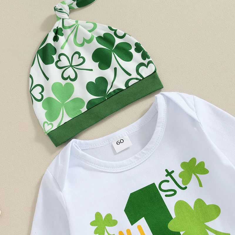 Baby Girl Irish 3 Piece Outfit Clover Print Long Sleeve Bodysuit and Leggings Set with Hat St Patrick s Day Costume for Infants