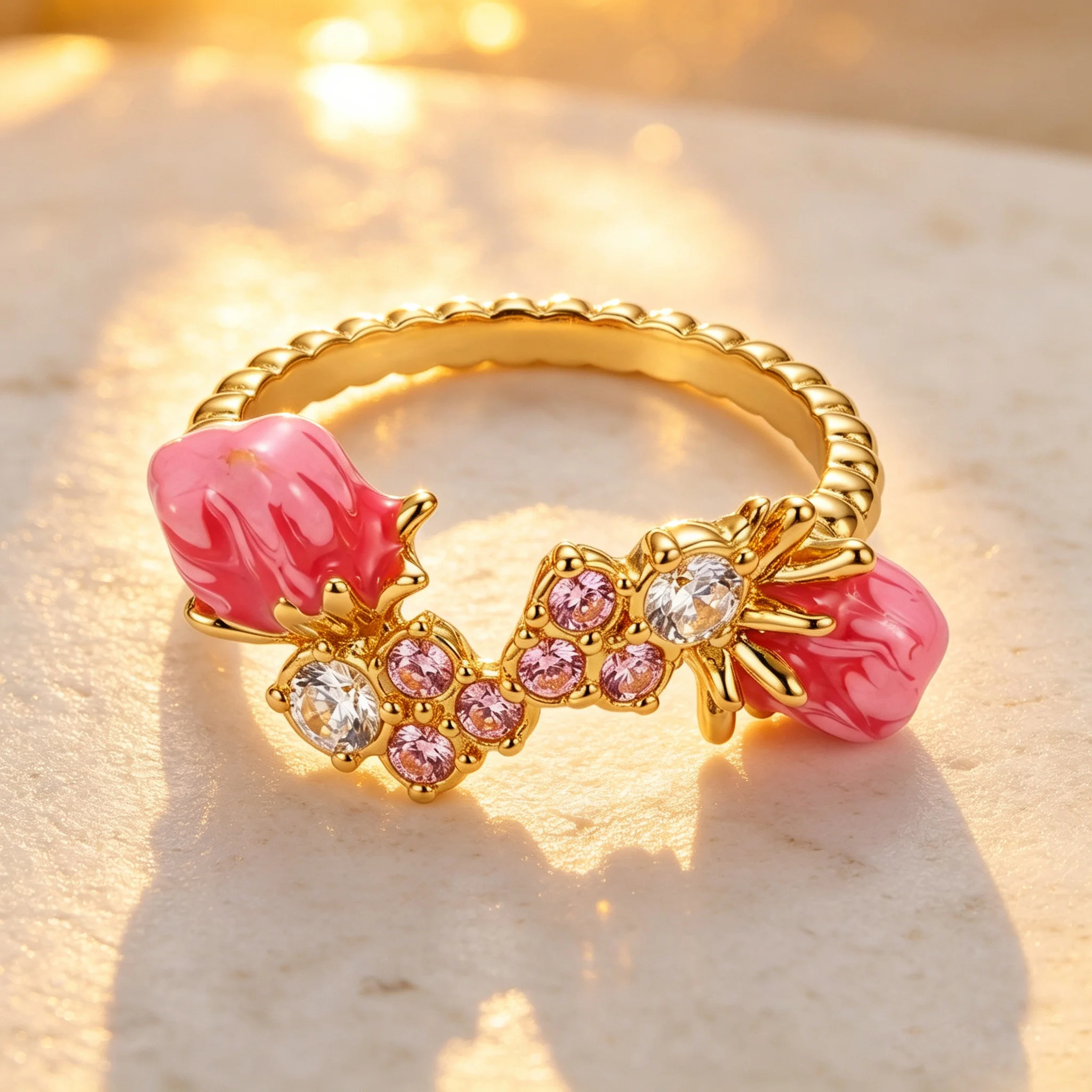 Luxuriöser ovaler Ring mit rosa CZ und mehrfarbigen Edelsteinen, vergoldeter Statement-Cocktailring, eleganter Damenschmuck, Geschenk zum Jahrestag – Detail 5