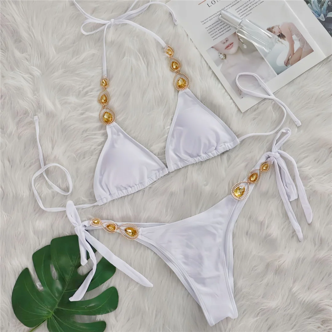 Sexy Bikini mit Diamant-Strasssteinen und Scrunch-Design für Damen, zweiteiliger Badeanzug, Badebekleidung, Badeanzug, Modell V6149 – Detail 10