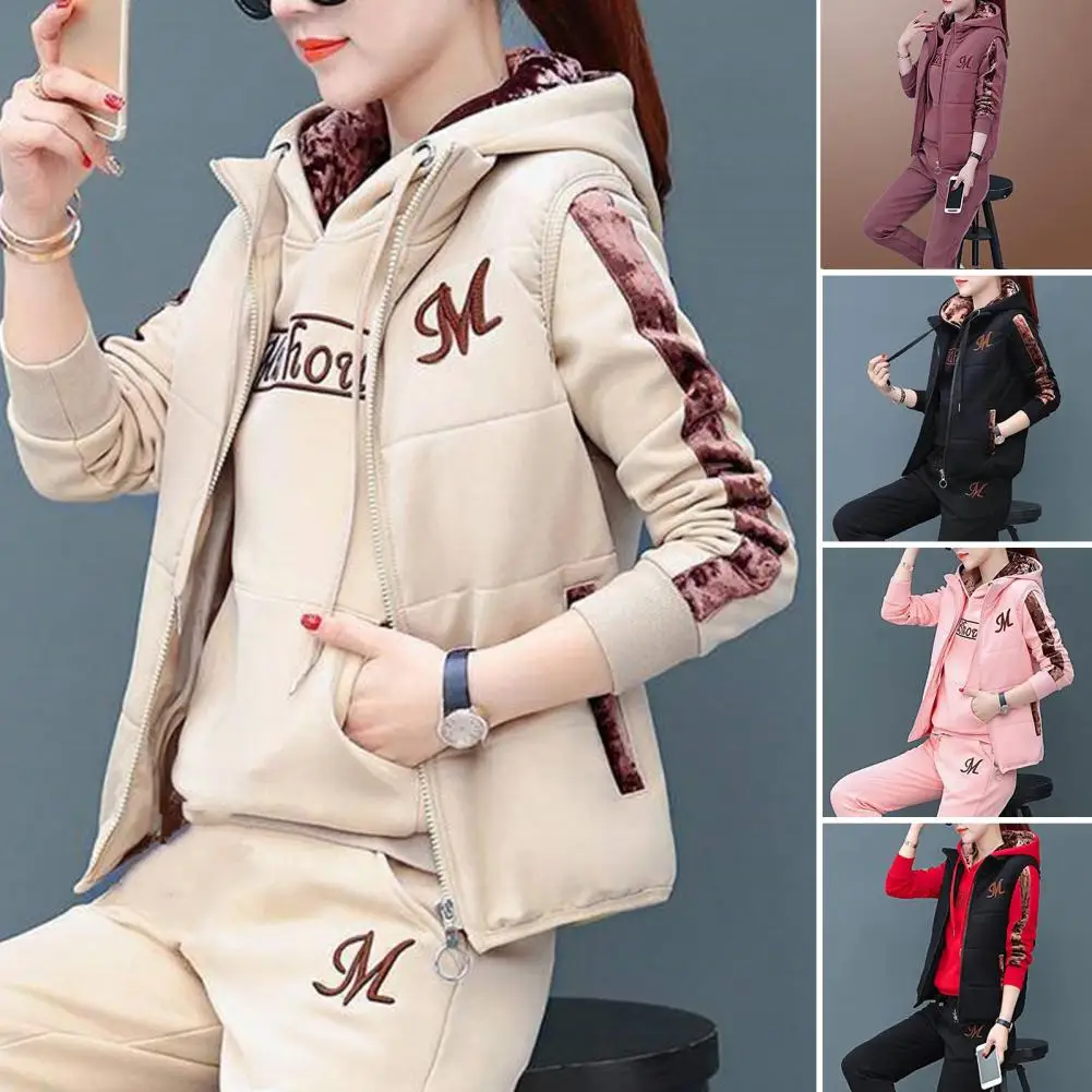 

Thickened Women Tracksuit Pullover Coldproof Trendy Letter Print Women Hoodie Jogging Pants Zipper Vest Suit