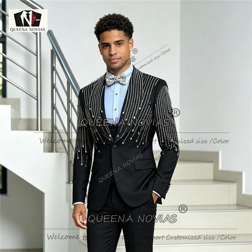 Customized Groom Tuxedo Suit For Wedding 3-Piece Set Shawl Lapel Prom Blazer Pants Gold Rhinestone Design Man Banquet Clothing